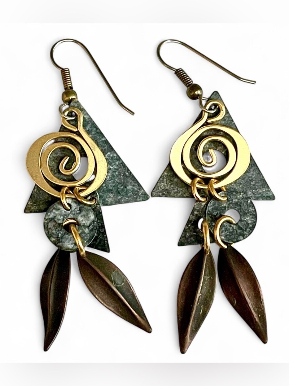 Vintage Artisan Mixed Media Spiral Swirl Dangle Earrings Geometric Stone Boho